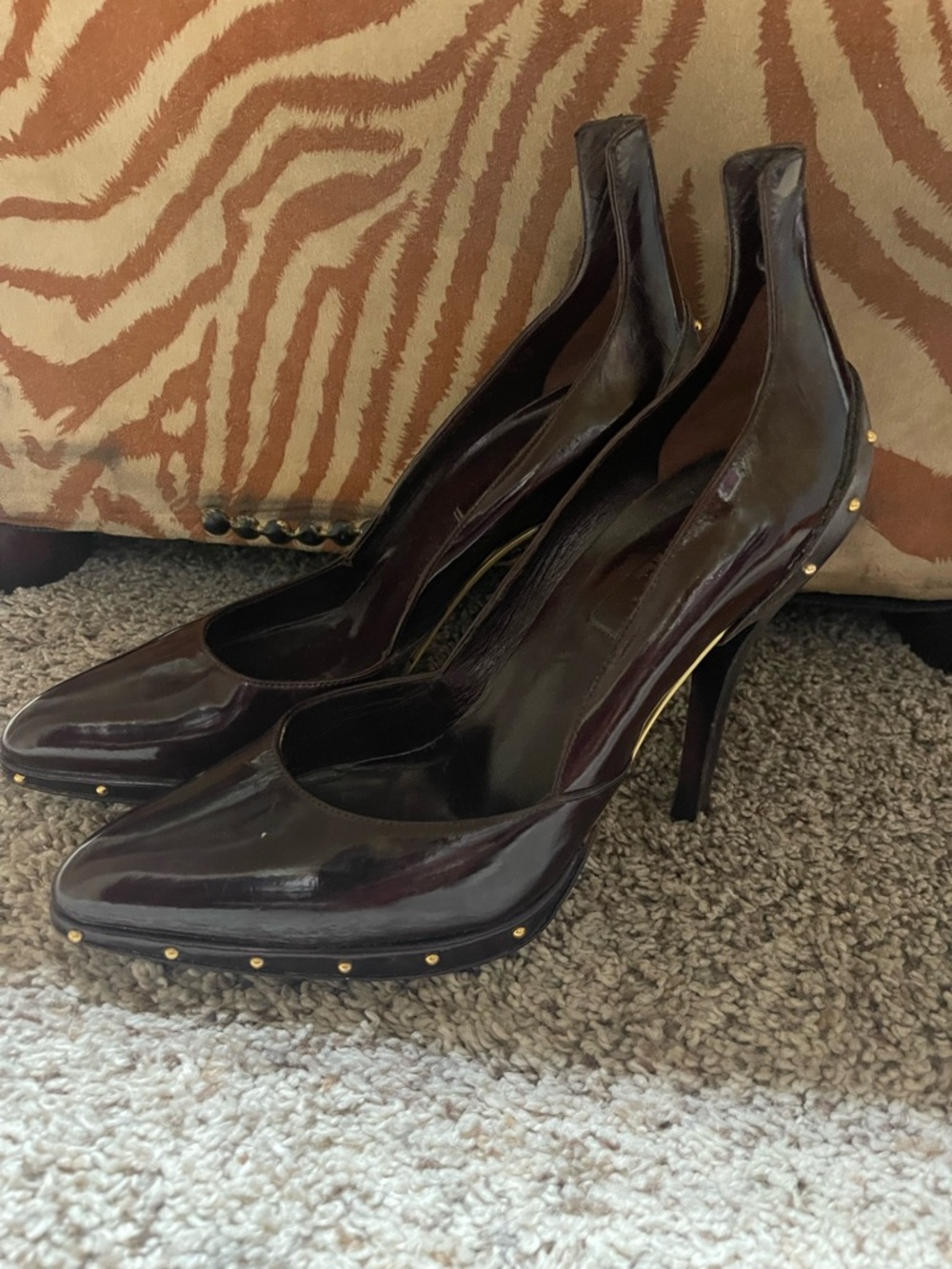 Gucci Burgundy Patent Leather Studded Stiletto Pumps